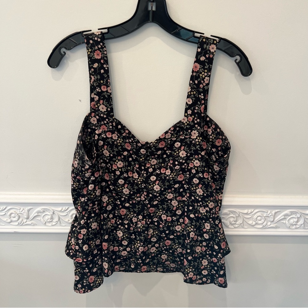 Y.A.S Floral Ruffle Tank Top in black and floral sweetheart neckline